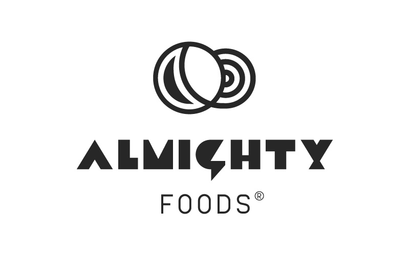 Almighty foods logo featuring graphical represnetation of the moon and sun with sharp angular text below.
