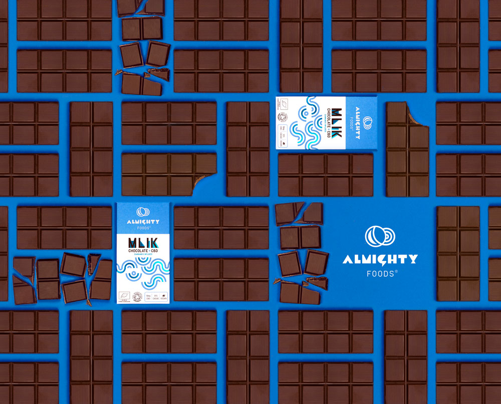 Pattern of chocolate quares interspersed with branded chocloate boxes and the Almighty Foods logo.