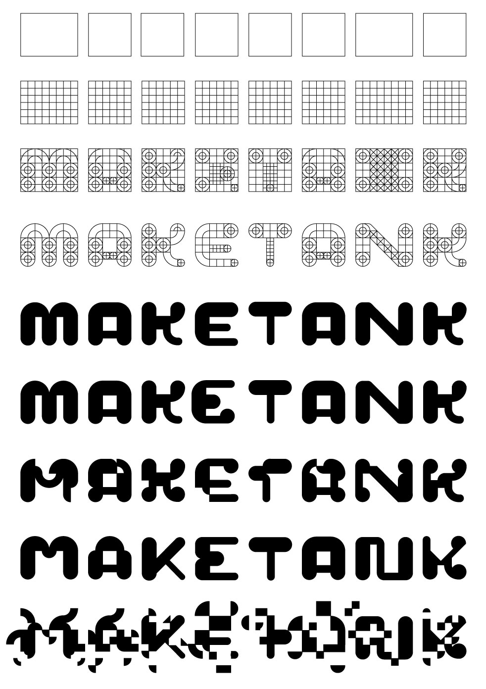 Many development versions of the Make Tank logo mark from wireframe to completed version and then distorted.