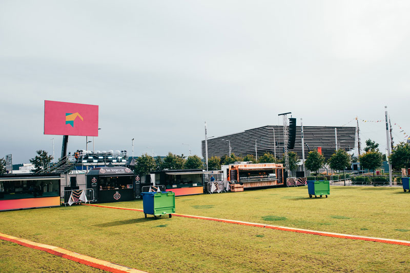 Slessor gardens before the opening night of V&A Dundee with giant TV screen.