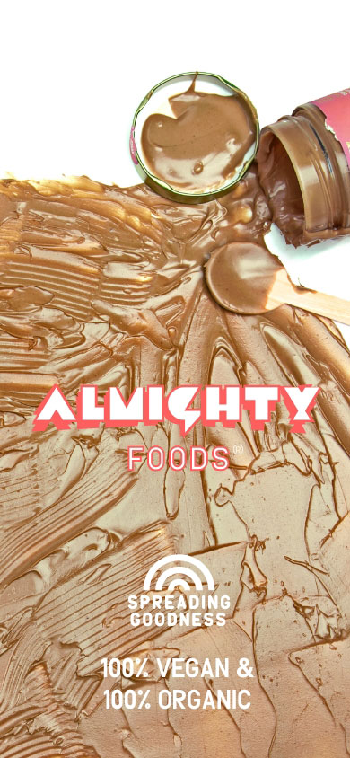 Mobile version of website header showing chocolate spread across the screen with the Almighty Foods logo on top.