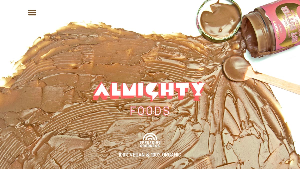 Website header showing chocolate spread across the screen with the Almighty Foods logo on top.
