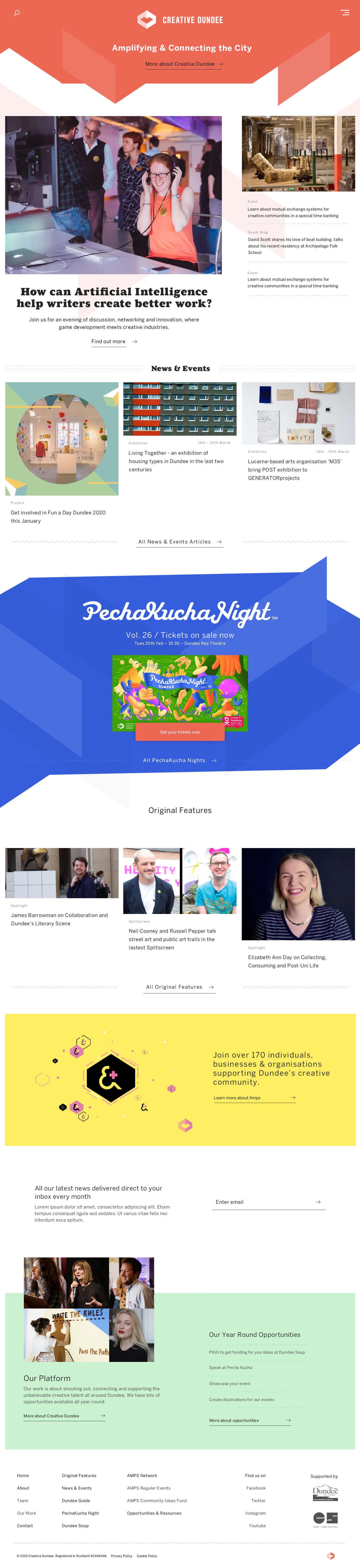 Homepage of the Creative Dundee website showing news & events articles, details of the PechaKucha nights and how to join their amps community.