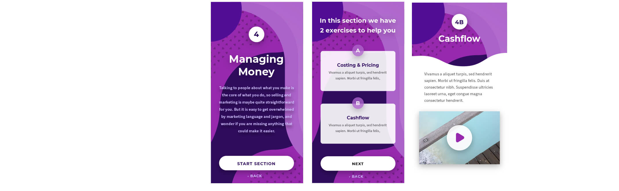 Screenshots of a purple mobile interface for a learning platform.