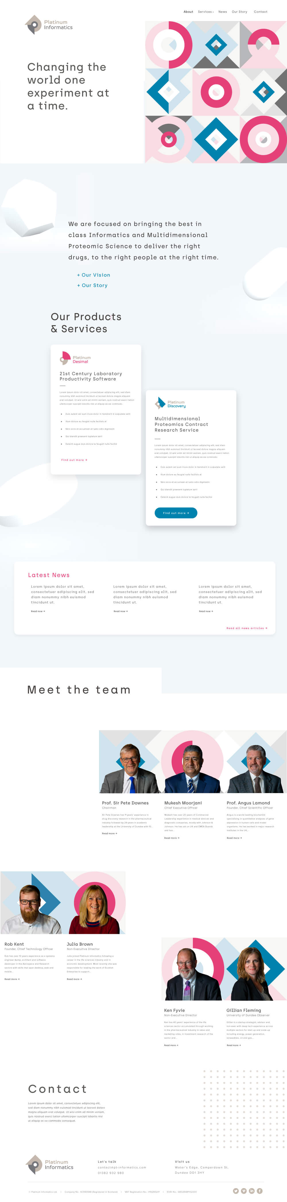 Platinum Informatics website showing their products and services, the team and how to get in touch.