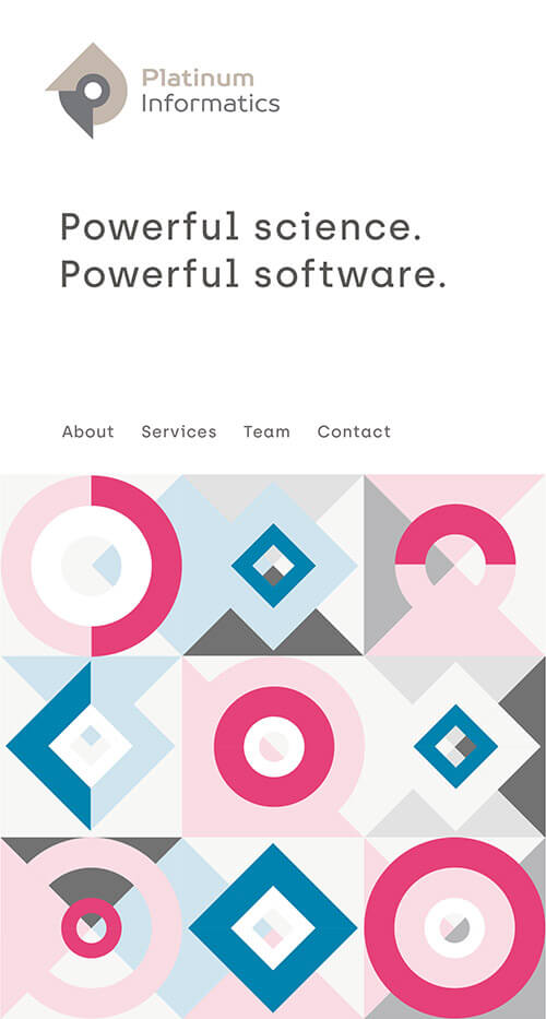 Header section of the Platinum Informatics website on mobile. Shows a grid of geomteric shapes and the headline Powerful Science. Powerful Software.