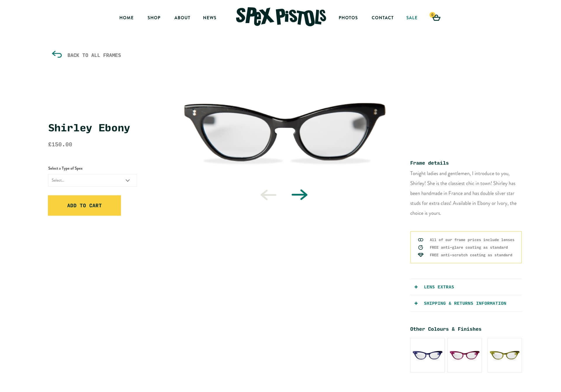 Individual spectacles page on the e-commerce website for Spex Pistols.