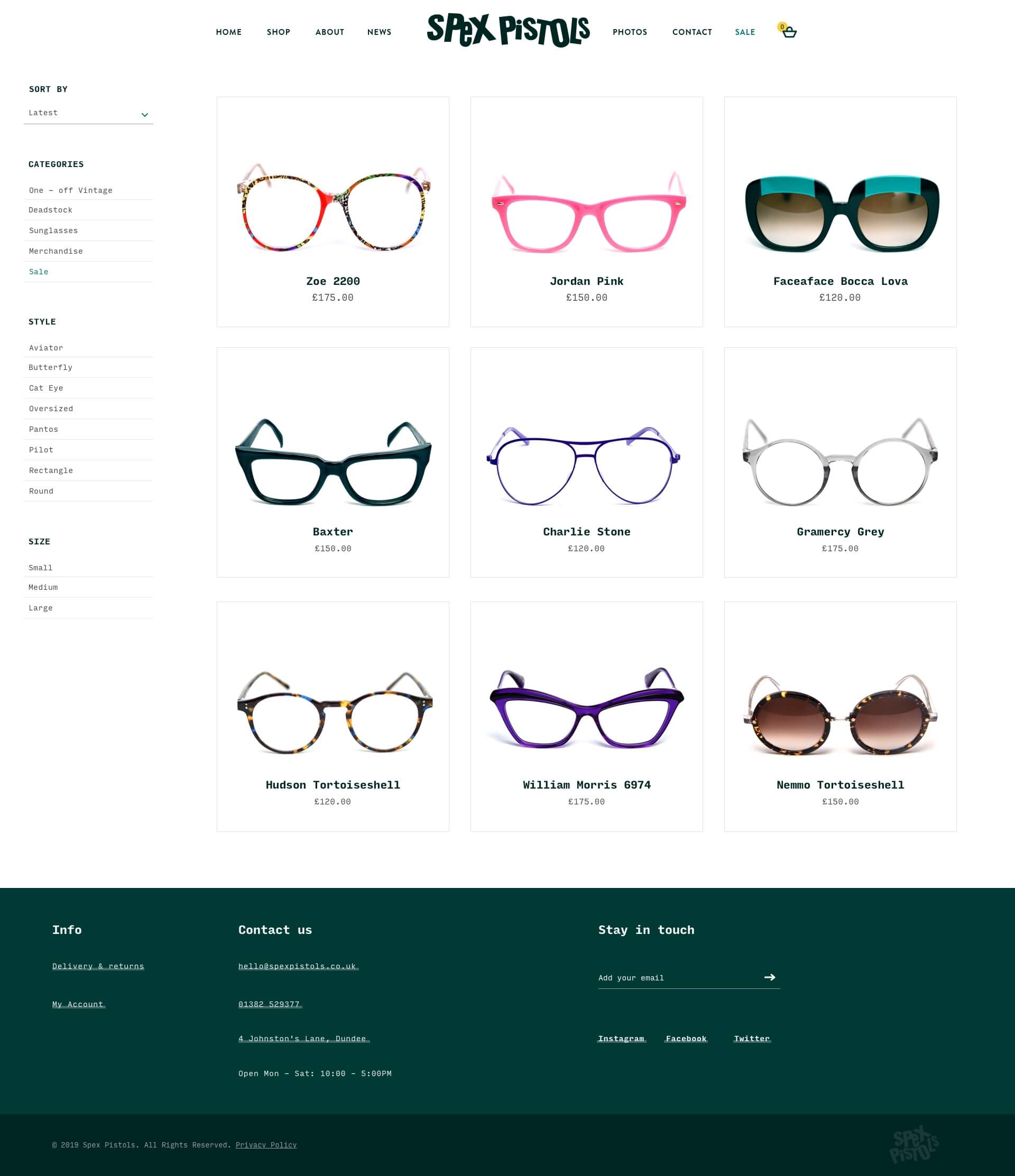 The shop page from the Spex Pistols website showcasing the range of frames, retro glasses and vintage spectacles that they stock.