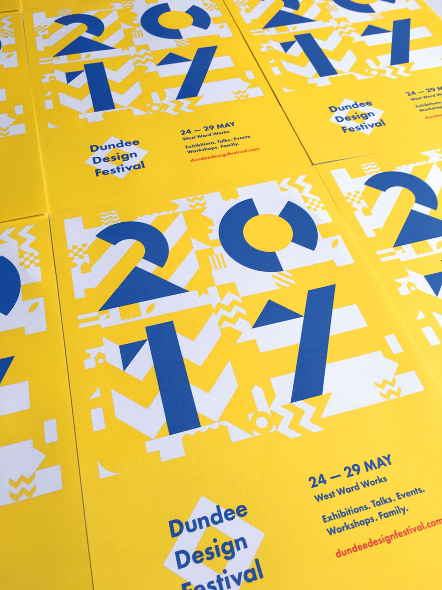 A grid of yellow posters with blue writing advertising the 2017 Dundee Design Festival.