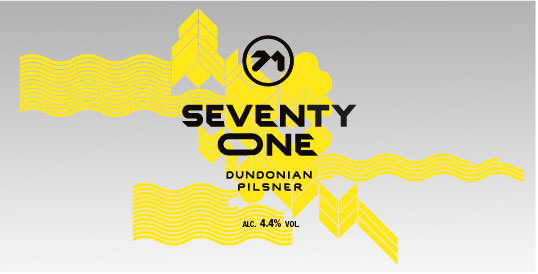 Alternative design for the 71 lager label that was never released. Features a silver gradient background, chunk yellow pattern and black logo and type on top.