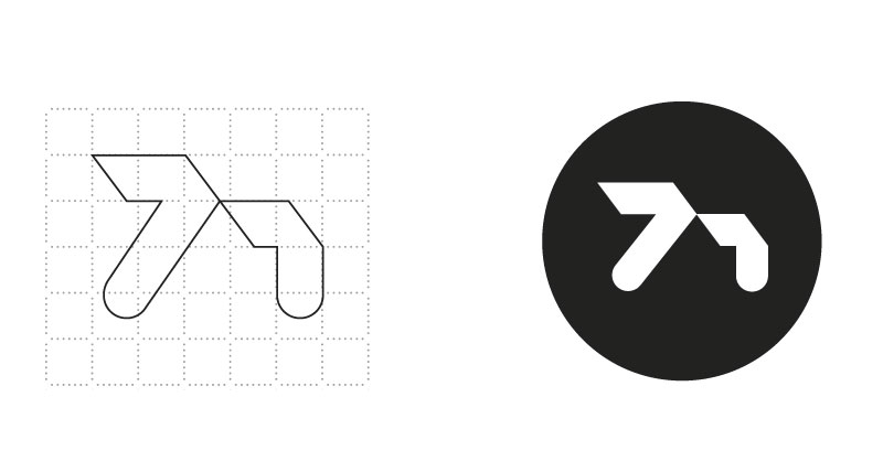71 angular lettering ontop of a grid on the left. the same lettering on top of a black circle on the right.