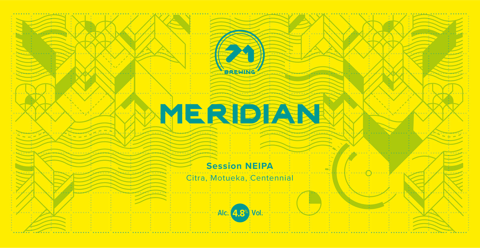 Label for Meridian a session NEIPA. Teal logo and typography ontop of a pale green geometric pattern and yellow background.
