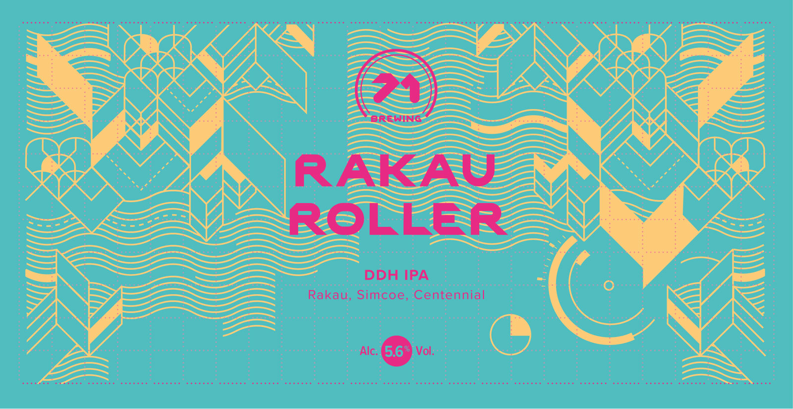 Label for Rakau Roller a DDH IPA. Vibrant pink logo and typography ontop of an amber geometric pattern and soft teal background.