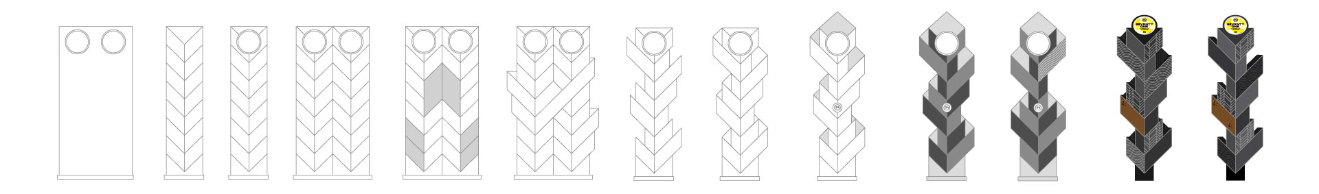 Seeries of sketches and illustrations detailing the design and development of custom beer taps. Sharp and angular in style with beer logos on top.