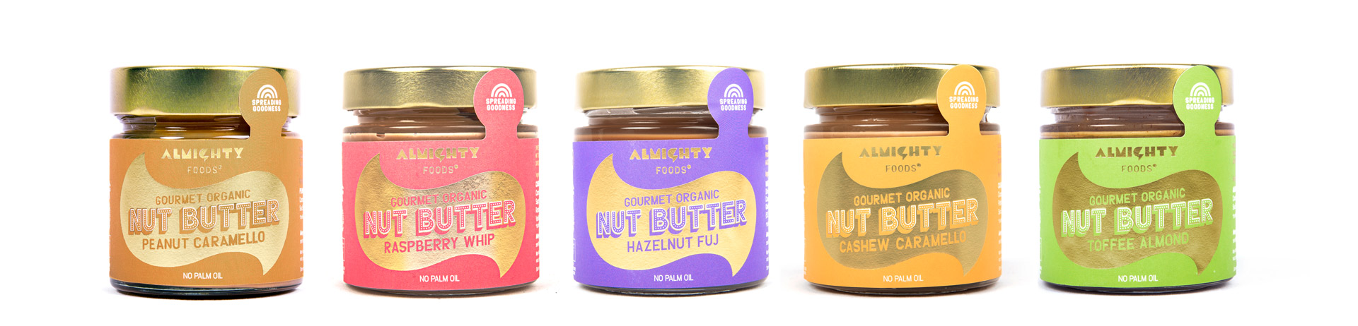 Range of 5 nut butters sitting on a white background.
