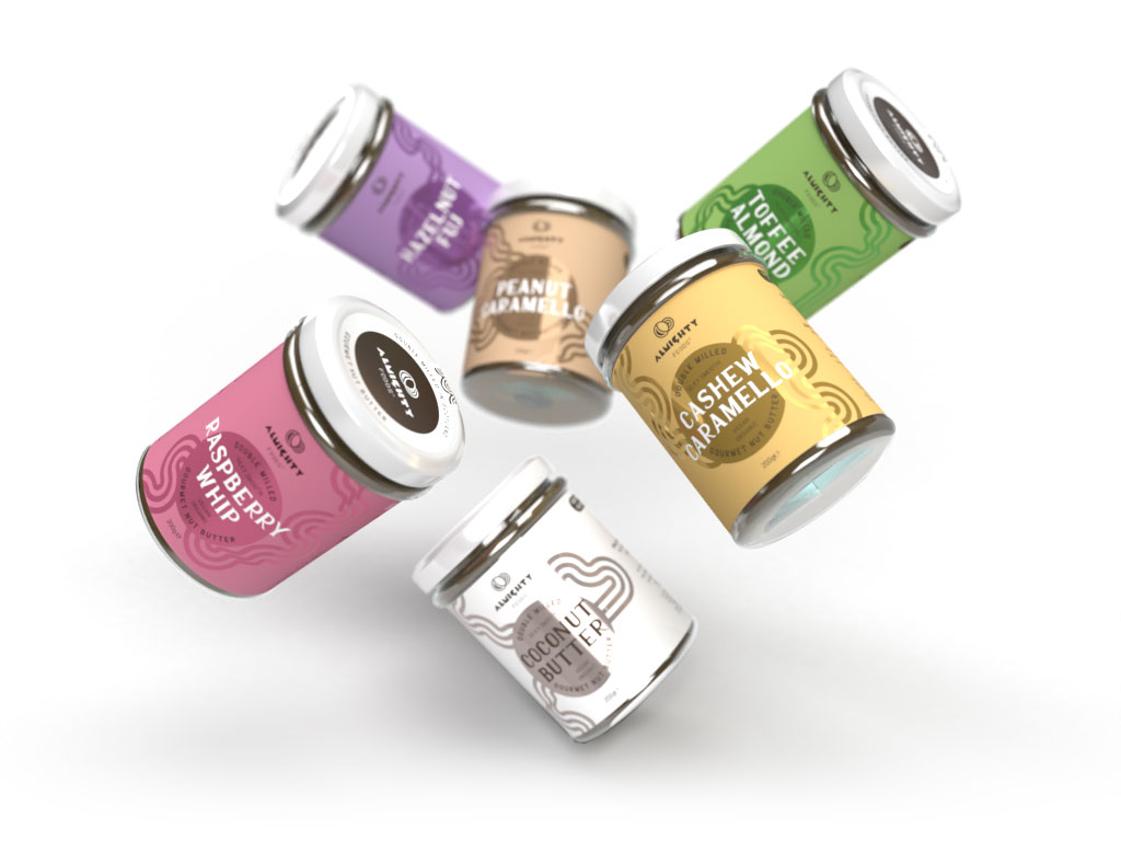 3D render of 6 of Almighty Food's nut butters suspended in the air at different angles.