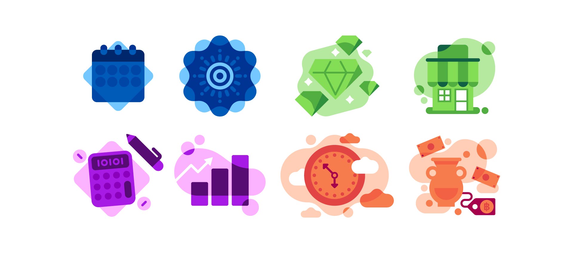 Colourful illustrations of various tasks such as accounting, time keeping and costing.