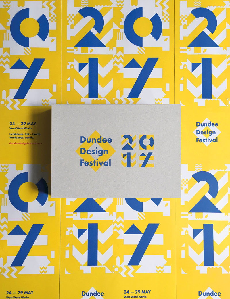 Yellow posters with blue type arranged in a grid with grey stack of postcards infront advertising Dundee Design Festival 2017.