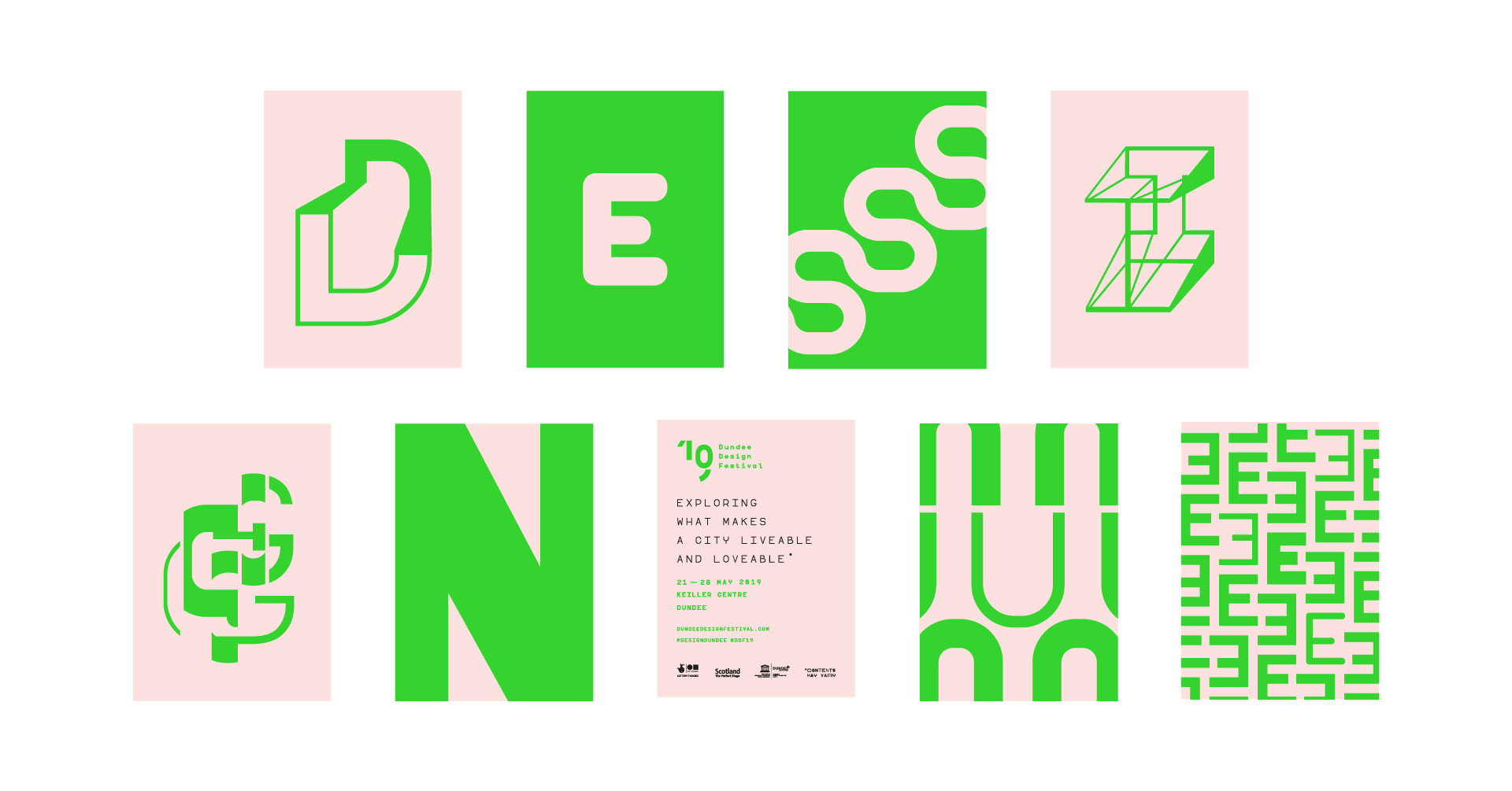 Pink and green flyers to advertise 2019 Dundee Design Festival each with a graphical treatment of letters that spell out Dundee and Design.