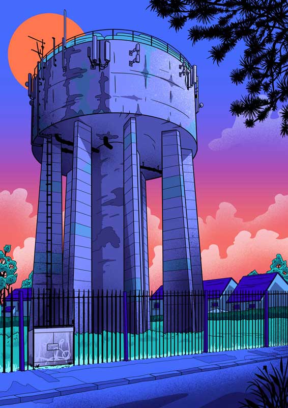 Close up of the bright and colourful illustration of the water tower from the cover of the colouring book.