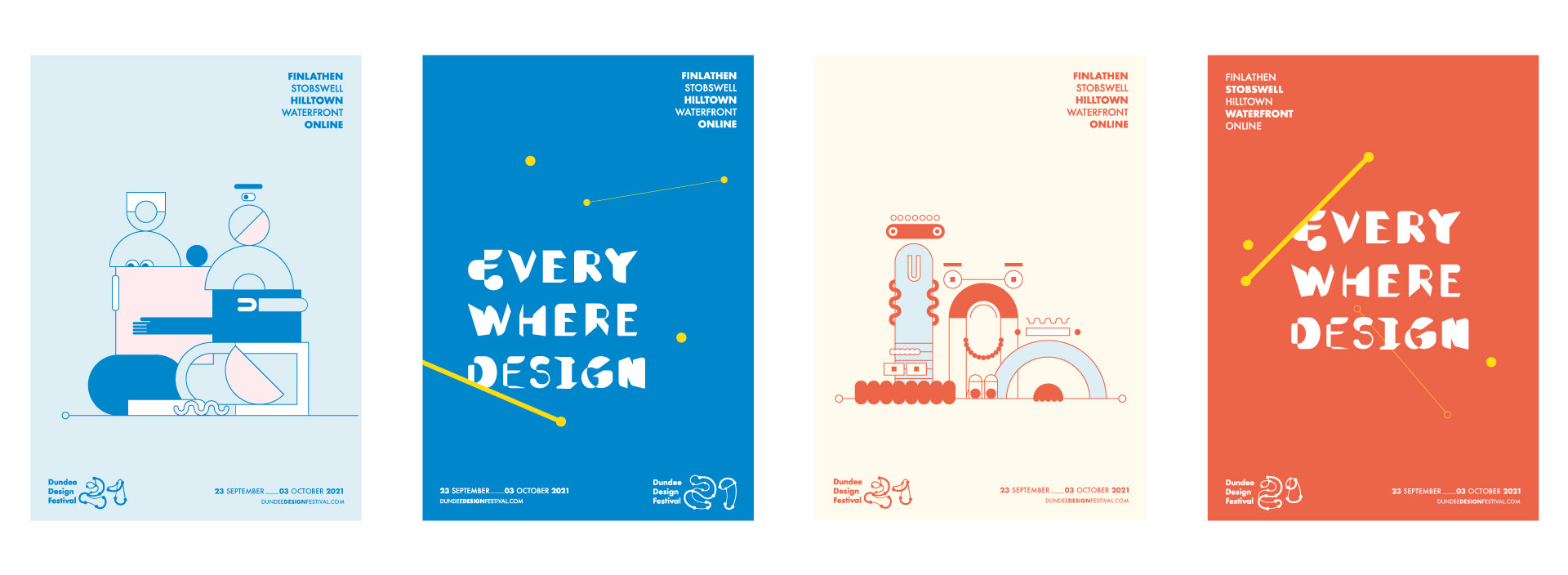 Posters in different colourways for the 2021 Dundee Design Festival with custom typography and characters created from a shape library.