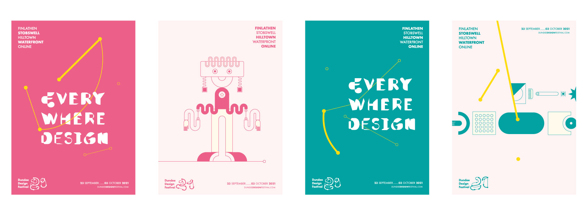 Posters in different colourways for the 2021 Dundee Design Festival with custom typography and characters created from a shape library.