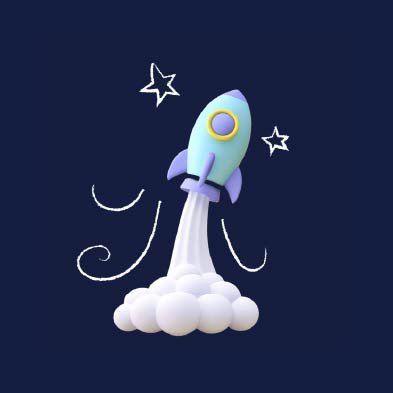 3D rocket whooshes up with hand drawn lines and stars around it.
