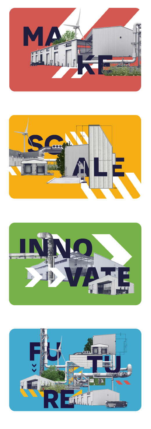 Four bright and colourful business card sized cards with industrial buildings and the words innovate, make, future and scale on each.