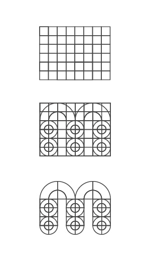 Grid system showing the outline of the M character.