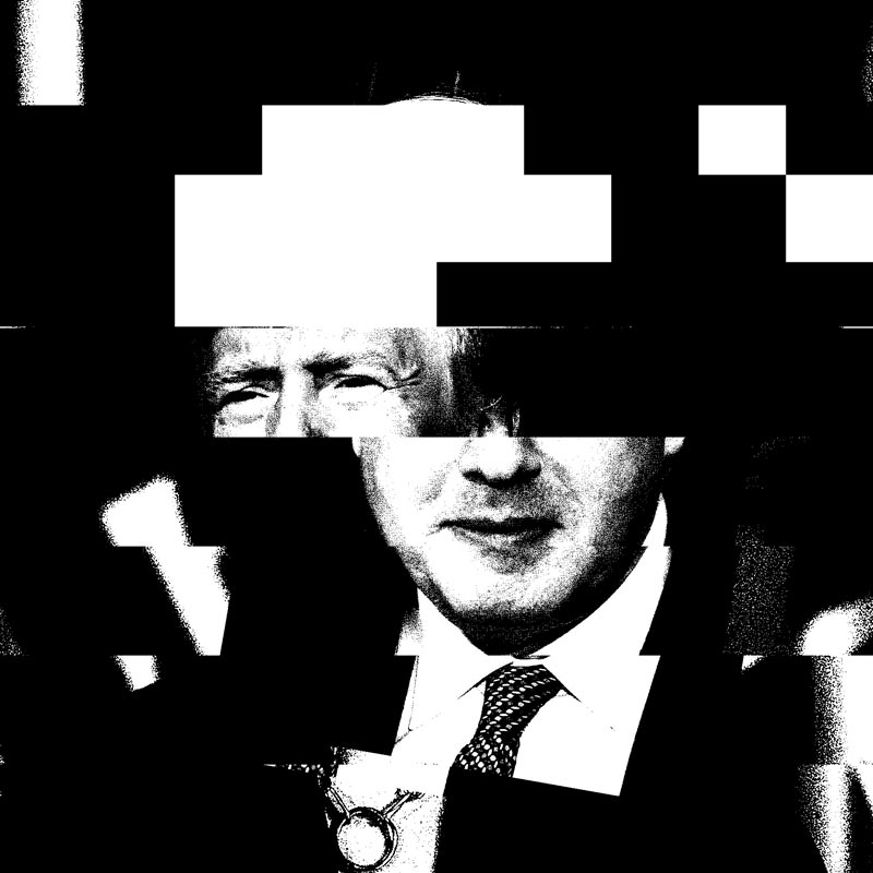 Pixelated and distorted images of world leaders mashed together.