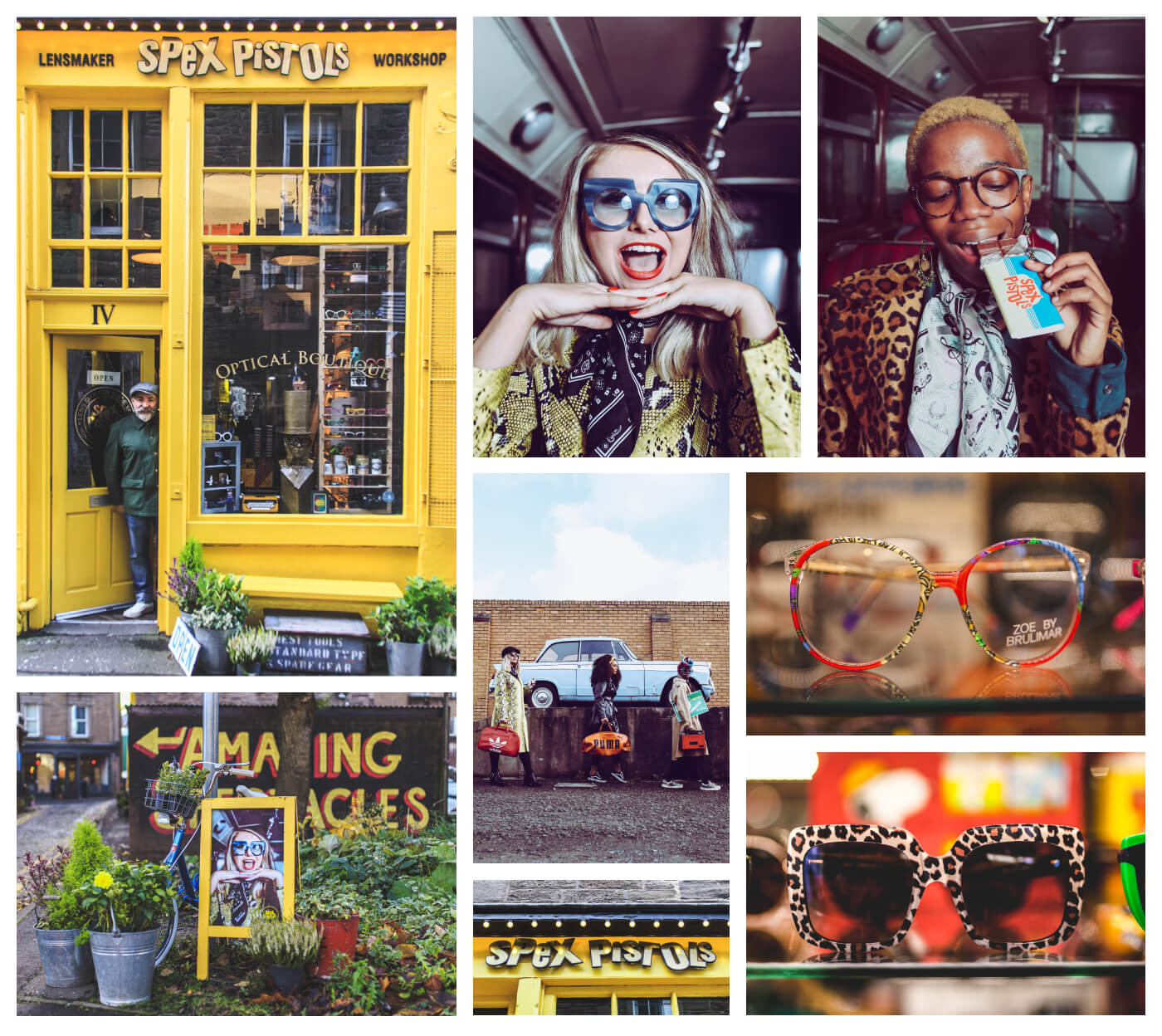 Grid of photos showing vintage spectacle frames, models dressed in vintage clothing and the Spex Pistols shop front.