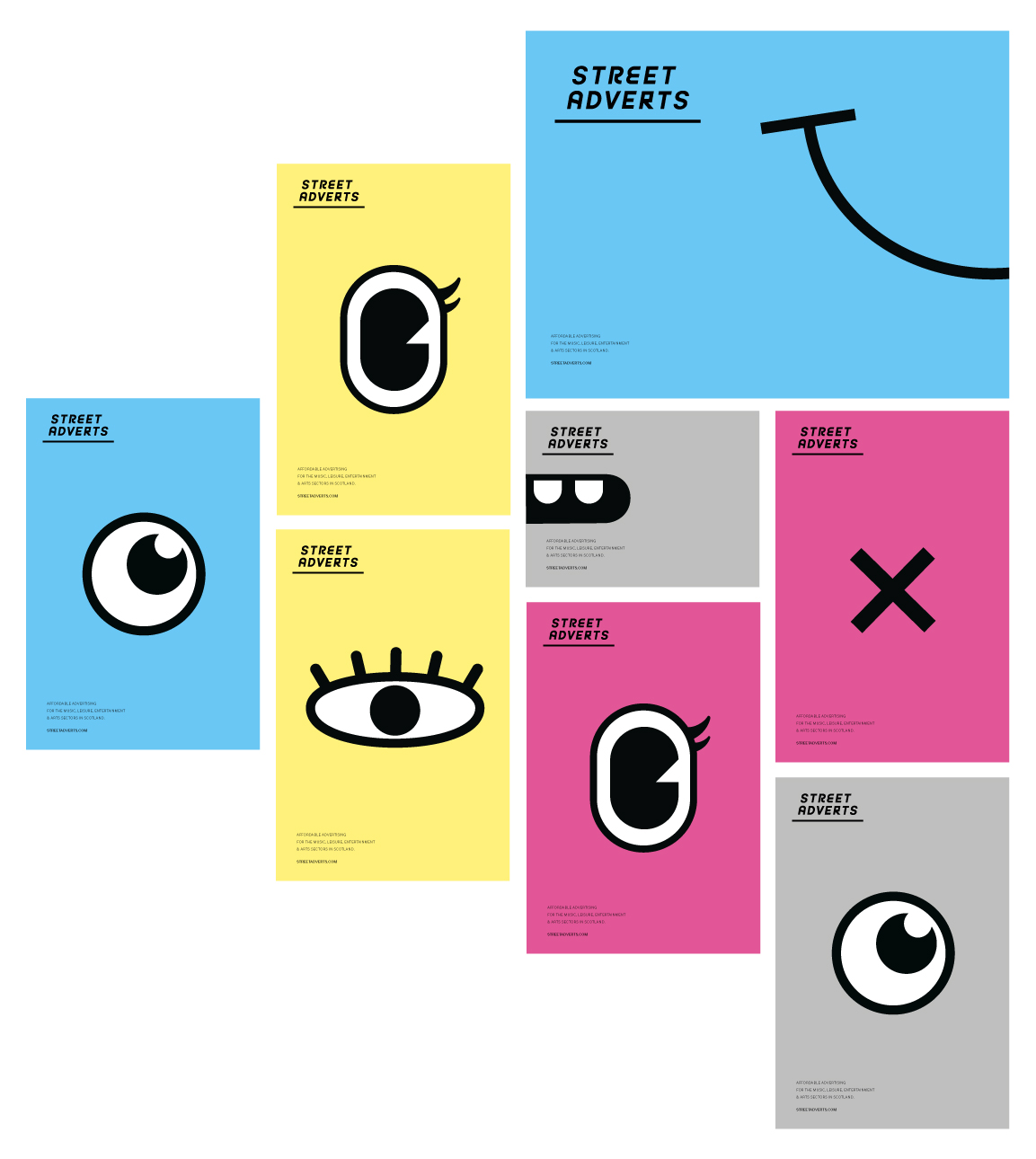 A grid of poster designs using various illustrated eyes and mouths to promote Street Adverts.