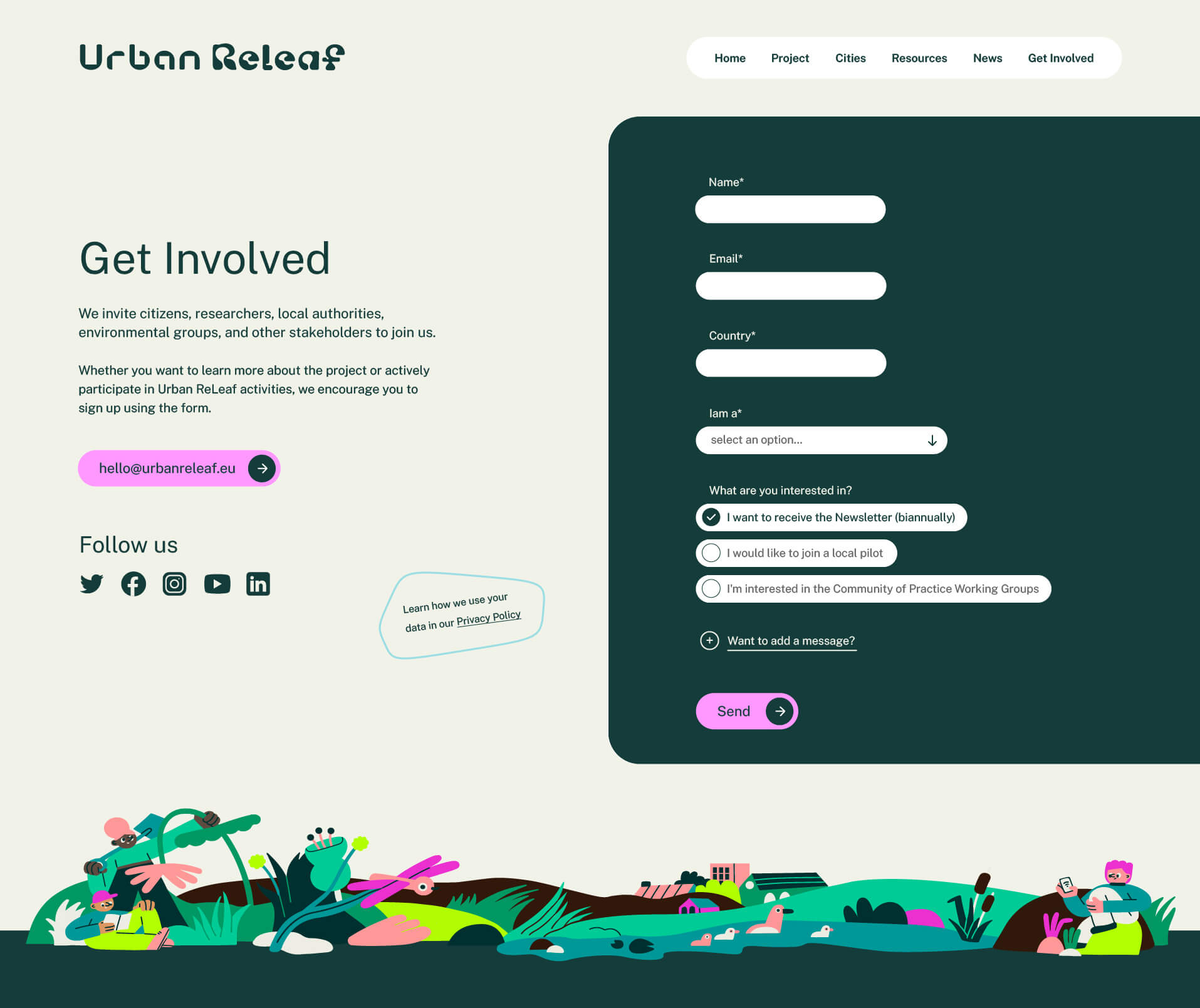 A snapshot of the contact us page from the Urban ReLeaf website.