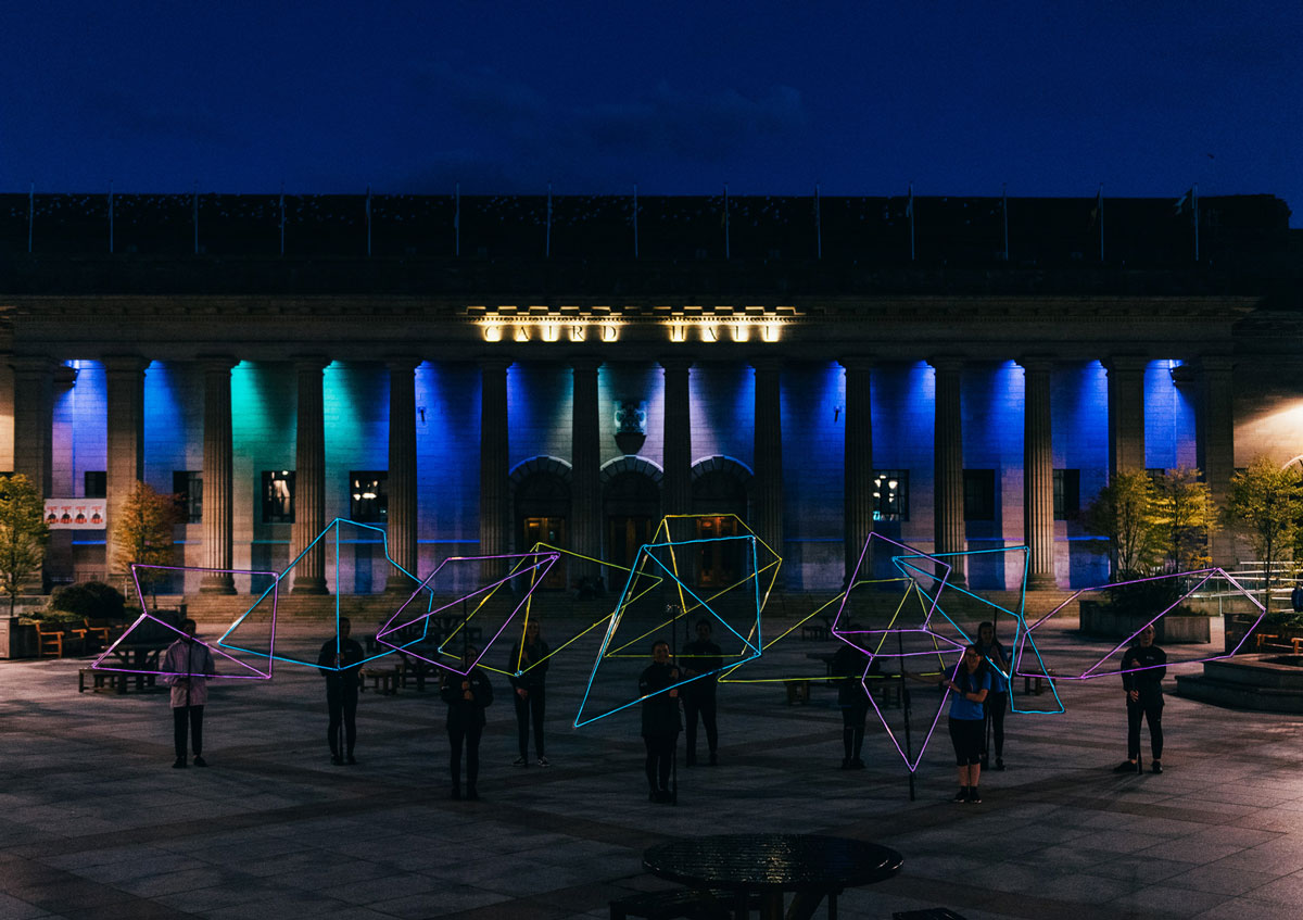 Giant illuminated shapes in front of the Caird Hall in Dundee.