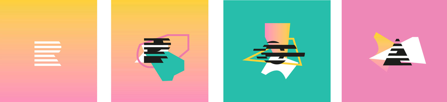 Experimental shapes and lines on gradient backgrounds.