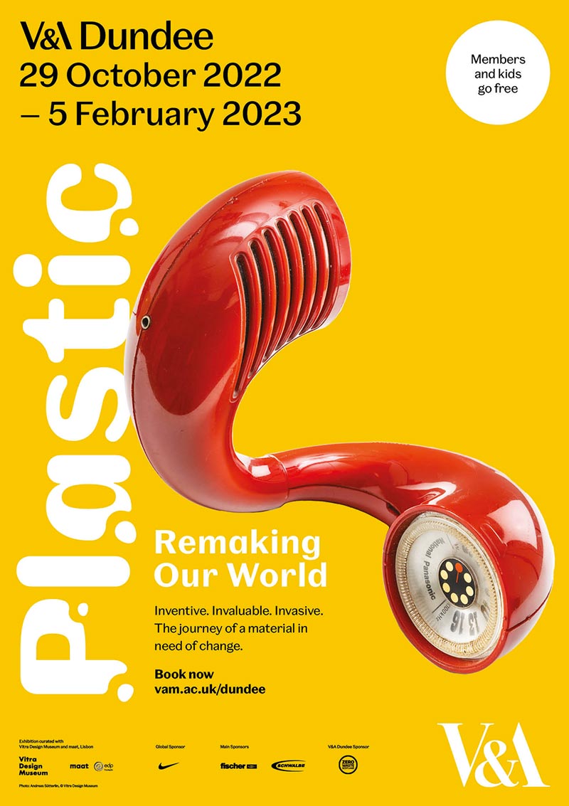 Yellow poster featuring red toot-a-loop radio for the V&A Dundee Plastic: Remaking Our World exhibition.