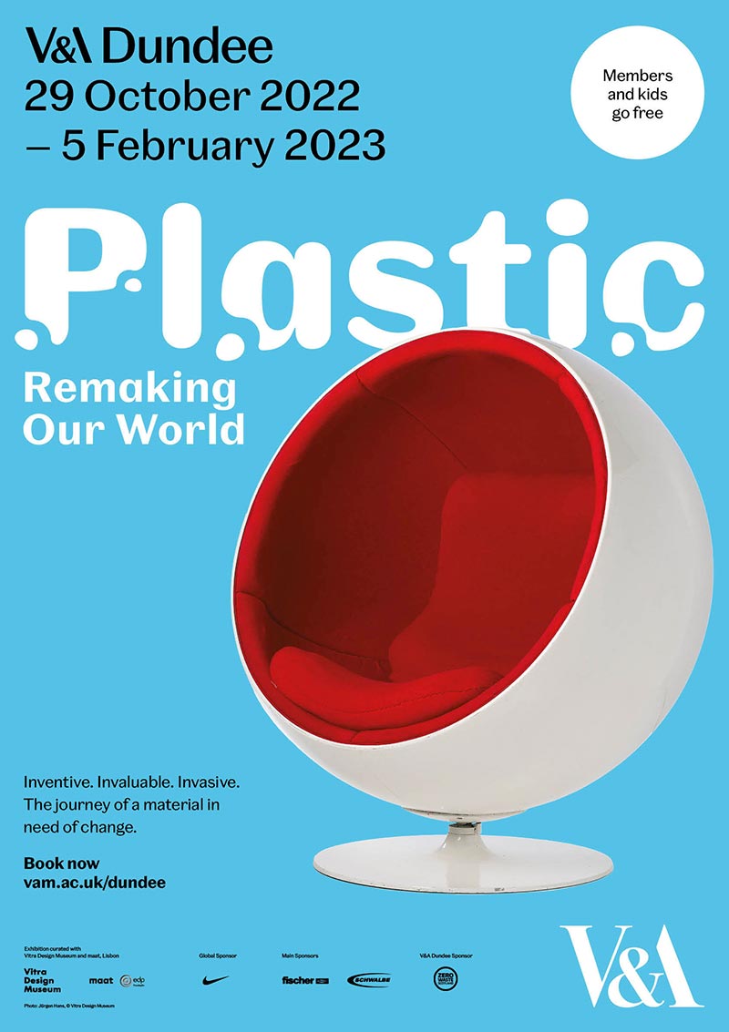 Blue poster featuring white and red ball chair for the V&A Dundee Plastic: Remaking Our World exhibition.